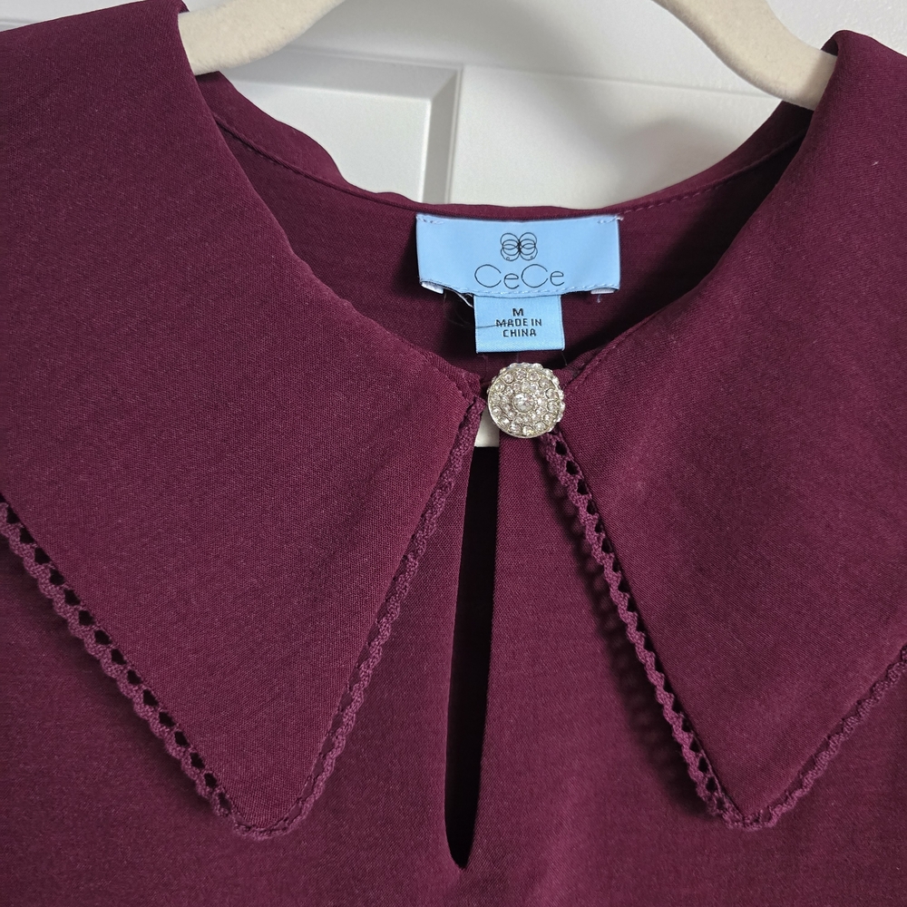CeCe Women's Burgundy Top with Puff Sleeves - Picture 3 of 4